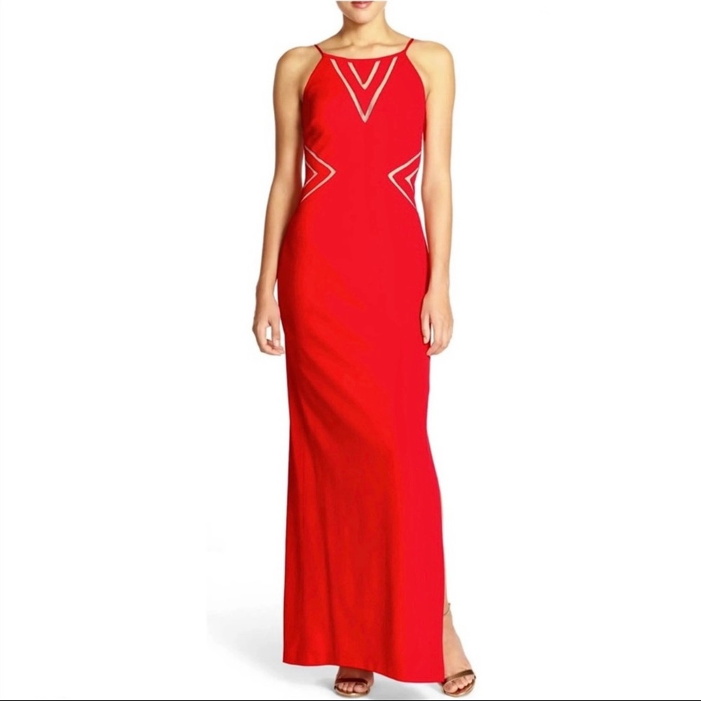 AIDAN MATTOX RED MESH INSET MAXI GOWN